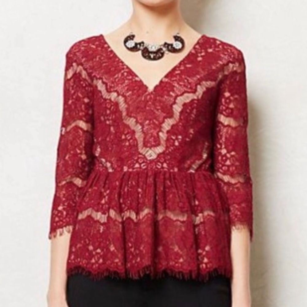 Anthropology Maeve Burgundy Lace Peplum Top S